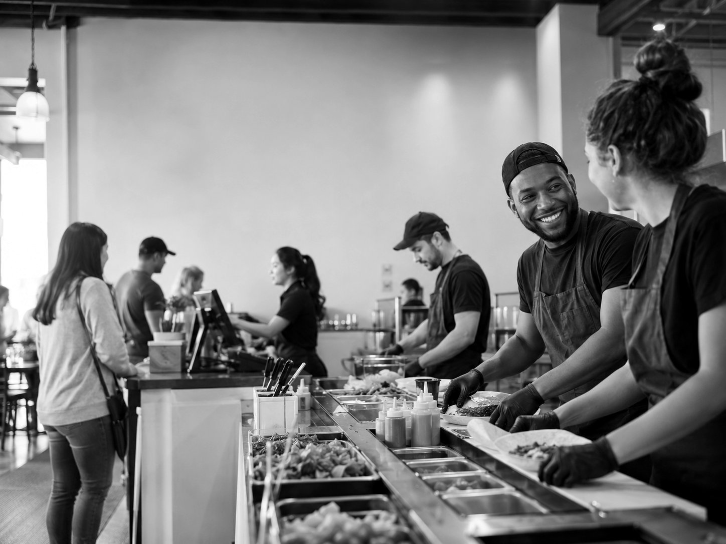 A smiling counter team member handing off an order while a teammate preps behind him